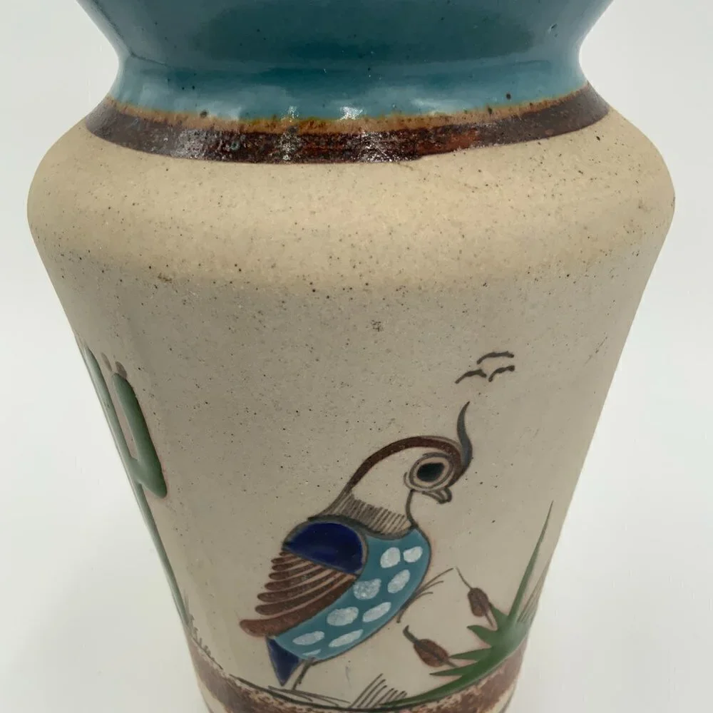 Mexico TONALA Vase Folk Art Pottery Hand Painted Bird TACAT Blue Rim 8 1/2